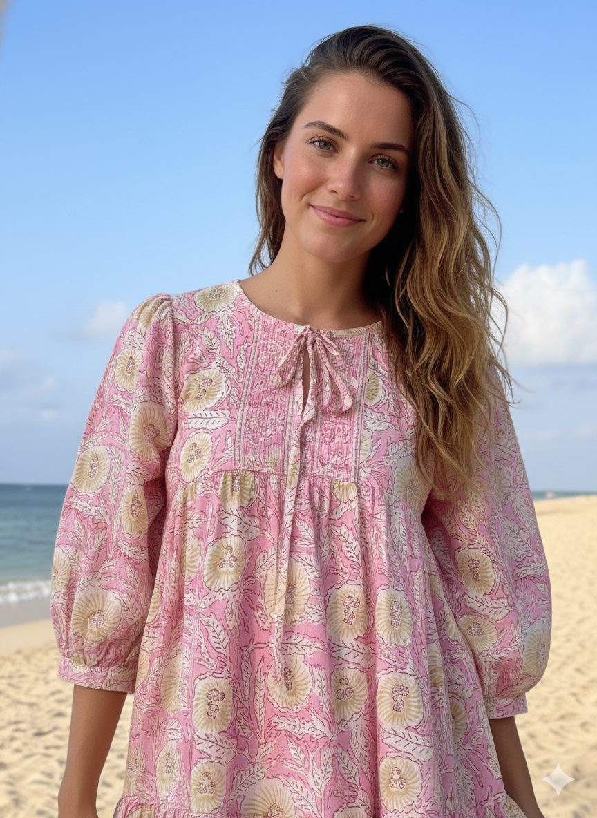 Blush Pink Floral Hand Block Printed Cotton Midi Dress – Boho Indian Dress