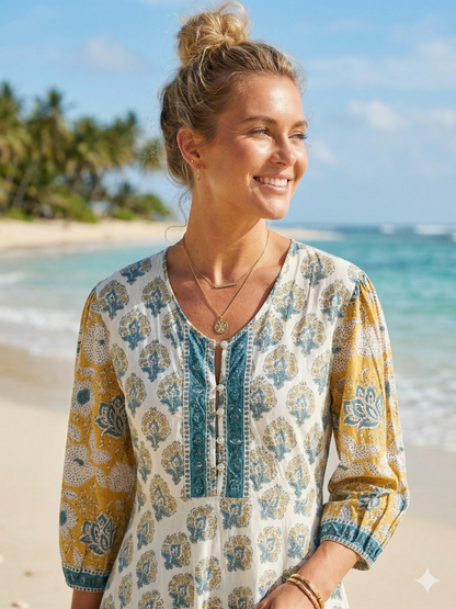 Yellow Ivory Floral Hand Block Print Cotton Maxi Dress – Boho Tiered Indian Style