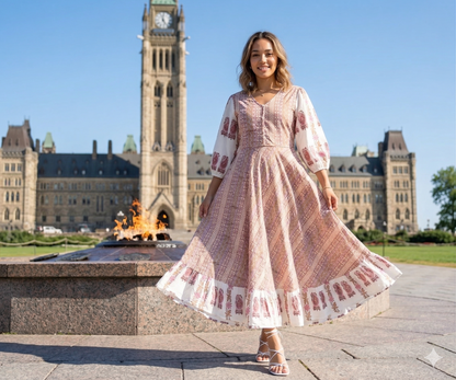 Blush Beige Floral Hand Block Print Cotton Maxi Dress – Boho Tiered Long Dress with Puff Sleeves