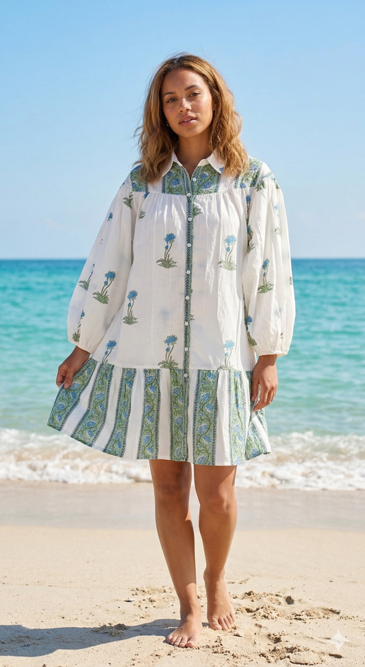 Blue Floral Block Print Mini Dress, Cotton Boho Shirt Dress, Handmade Indian Tiered Dress