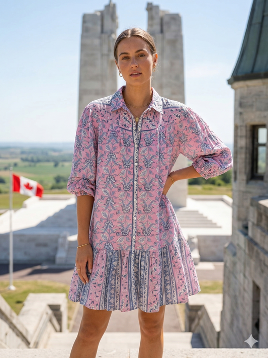 Pink Blue Floral Hand Block Print Cotton Mini Dress – Boho Button Front Tiered Dress