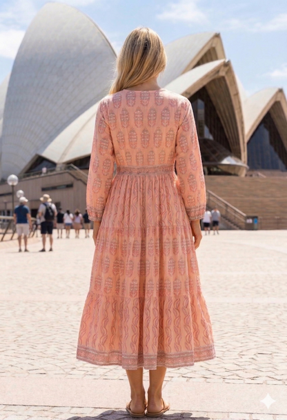 Peach Blush Block Print Cotton Maxi Dress – Boho Tiered V Neck Indian Style