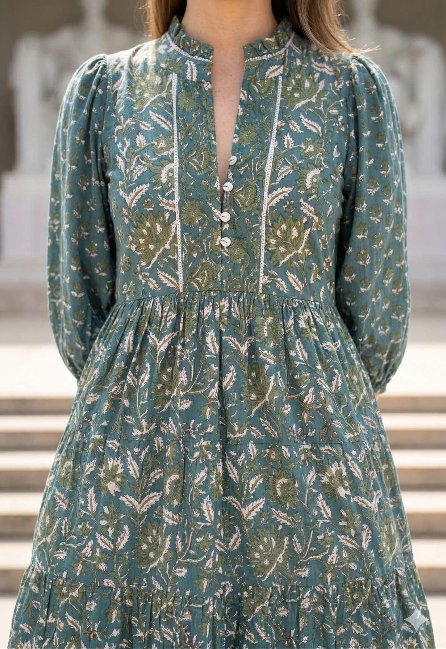 Teal Green Floral Hand Block Print Cotton Maxi Dress – Boho Tiered Indian Artisan Dress with Puff Sleeves