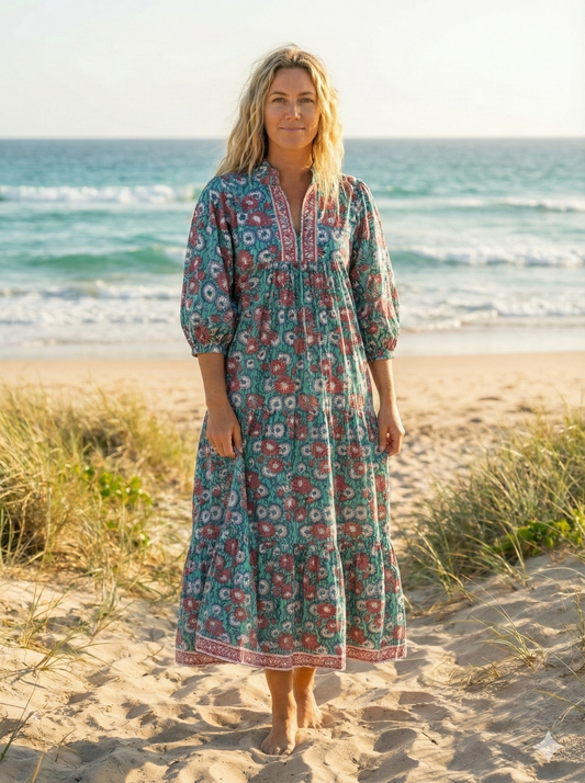 Teal Red Floral Block Print Cotton Midi Dress – Boho Handmade Tiered Dress with Puff Sleeves & Contrast Yoke