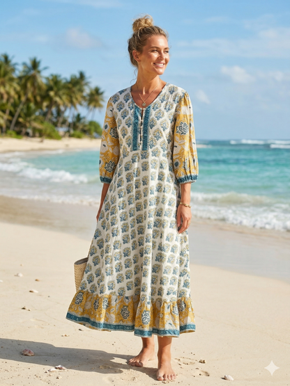 Yellow Ivory Floral Hand Block Print Cotton Maxi Dress – Boho Tiered Indian Style