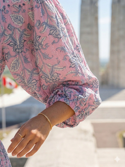 Pink Blue Floral Hand Block Print Cotton Mini Dress – Boho Button Front Tiered Dress