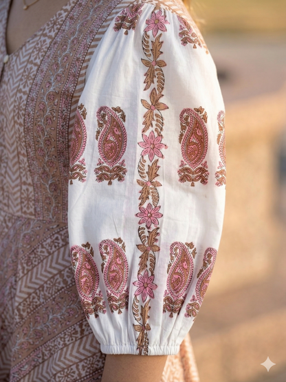 Blush Beige Floral Hand Block Print Cotton Maxi Dress – Boho Tiered Long Dress with Puff Sleeves