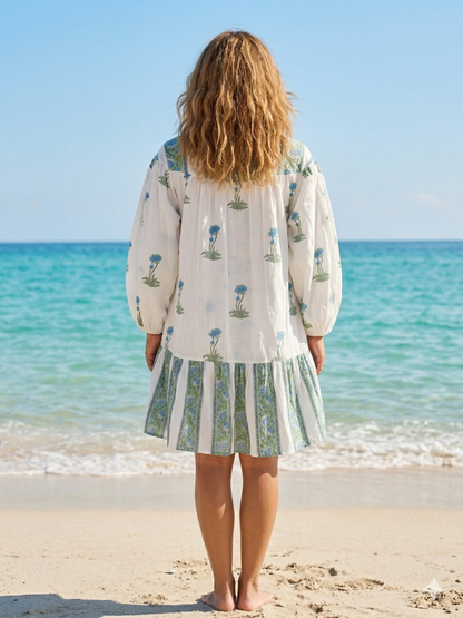 Blue Floral Block Print Mini Dress, Cotton Boho Shirt Dress, Handmade Indian Tiered Dress