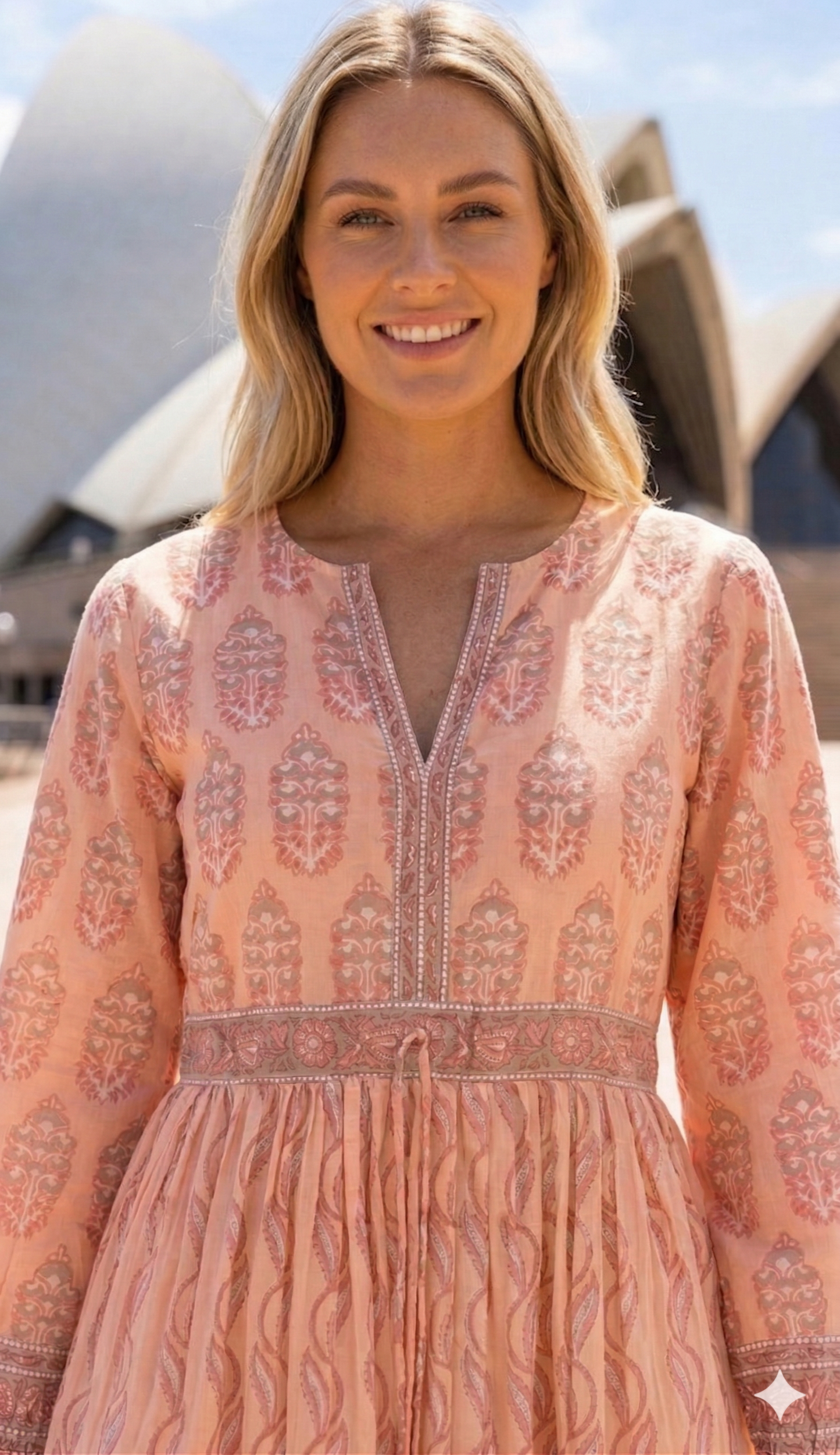 Peach Blush Block Print Cotton Maxi Dress – Boho Tiered V Neck Indian Style