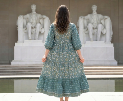 Teal Green Floral Hand Block Print Cotton Maxi Dress – Boho Tiered Indian Artisan Dress with Puff Sleeves