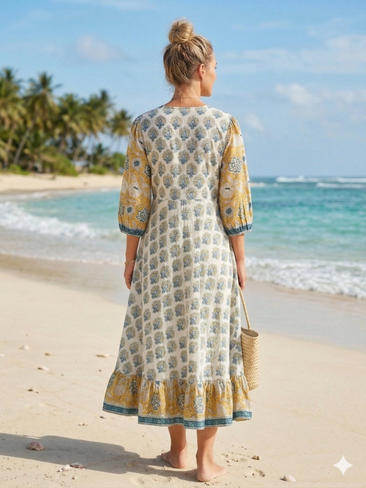 Yellow Ivory Floral Hand Block Print Cotton Maxi Dress – Boho Tiered Indian Style