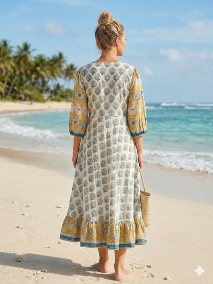 Yellow Ivory Floral Hand Block Print Cotton Maxi Dress – Boho Tiered Indian Style