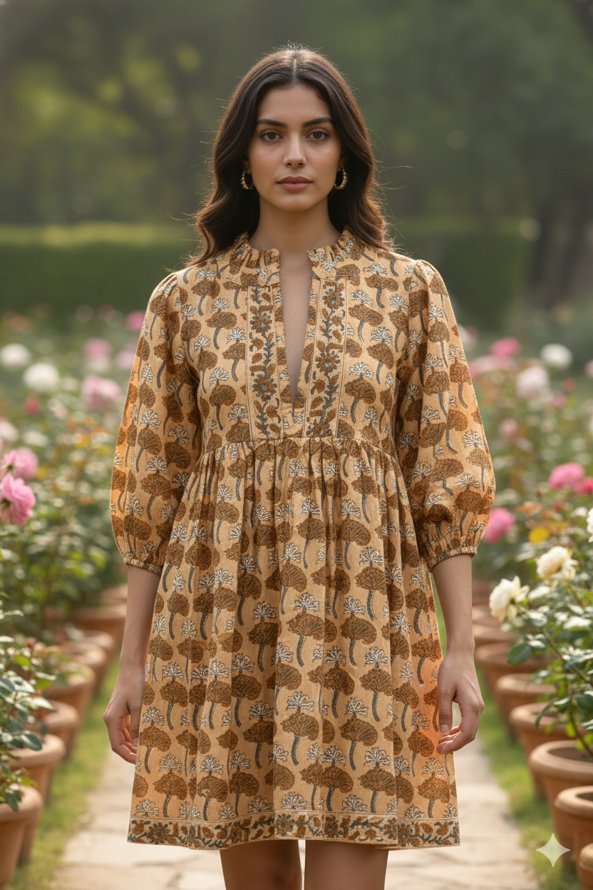 Mustard Brown Floral Hand Block Printed Cotton Mini Dress – Puff Sleeve Boho Summer Dress