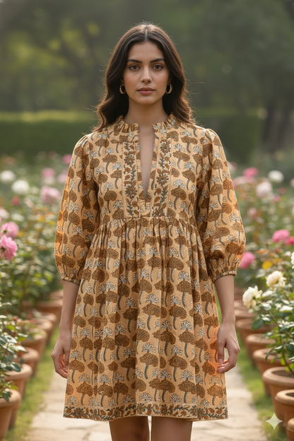 Mustard Brown Floral Hand Block Printed Cotton Mini Dress – Puff Sleeve Boho Summer Dress