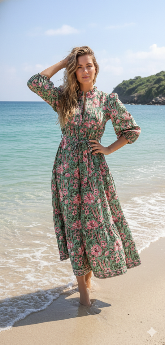 Green Pink Floral Block Print Cotton Midi Dress – Boho Handmade Tiered Dress with Puff Sleeves & Contrast Yoke