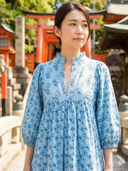 Sky Blue Botanical Hand Block Print Cotton Maxi Dress – Boho Puff Sleeve Tiered Style