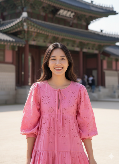 Pink Eyelet Cotton Maxi Dress – Tiered Boho Long Sleeve Summer Dress