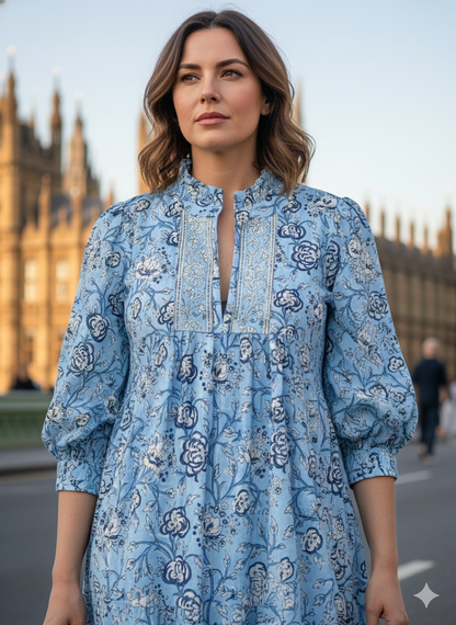 blue floral block printed women's maxi dress