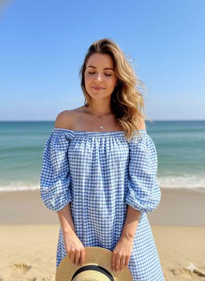 Blue Gingham Cotton Midi Dress – Puff Sleeve Boho Summer Dress
