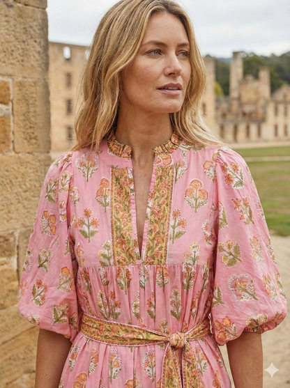 Pink Floral Hand Block Printed Cotton Dress – Tiered Boho Maxi Dress for Women