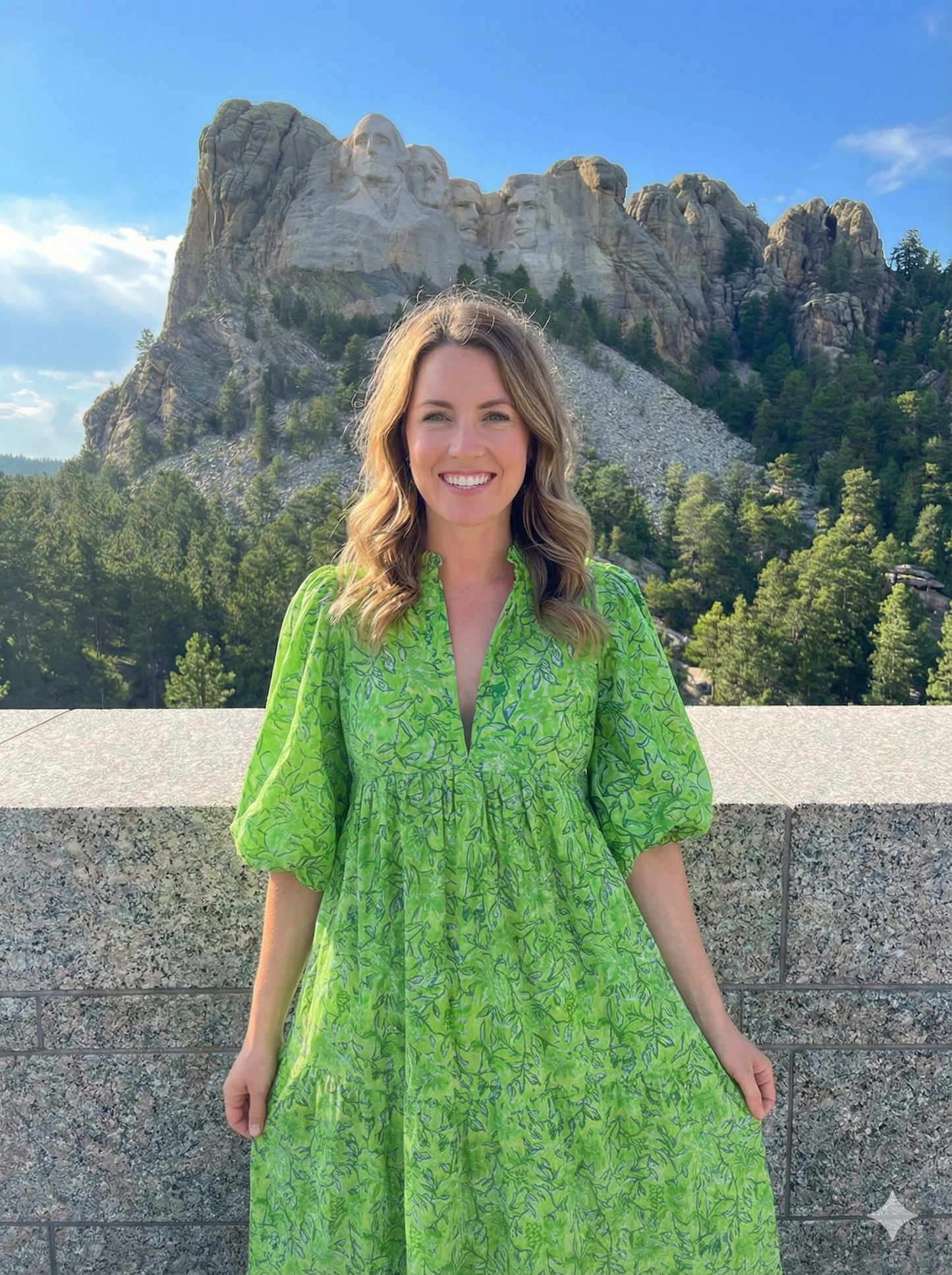 Green Leaf Print Hand Block Printed Cotton Midi Dress – Boho Puff Sleeve Tiered Dress – Ruffle Neck Indian Summer Dress for Women