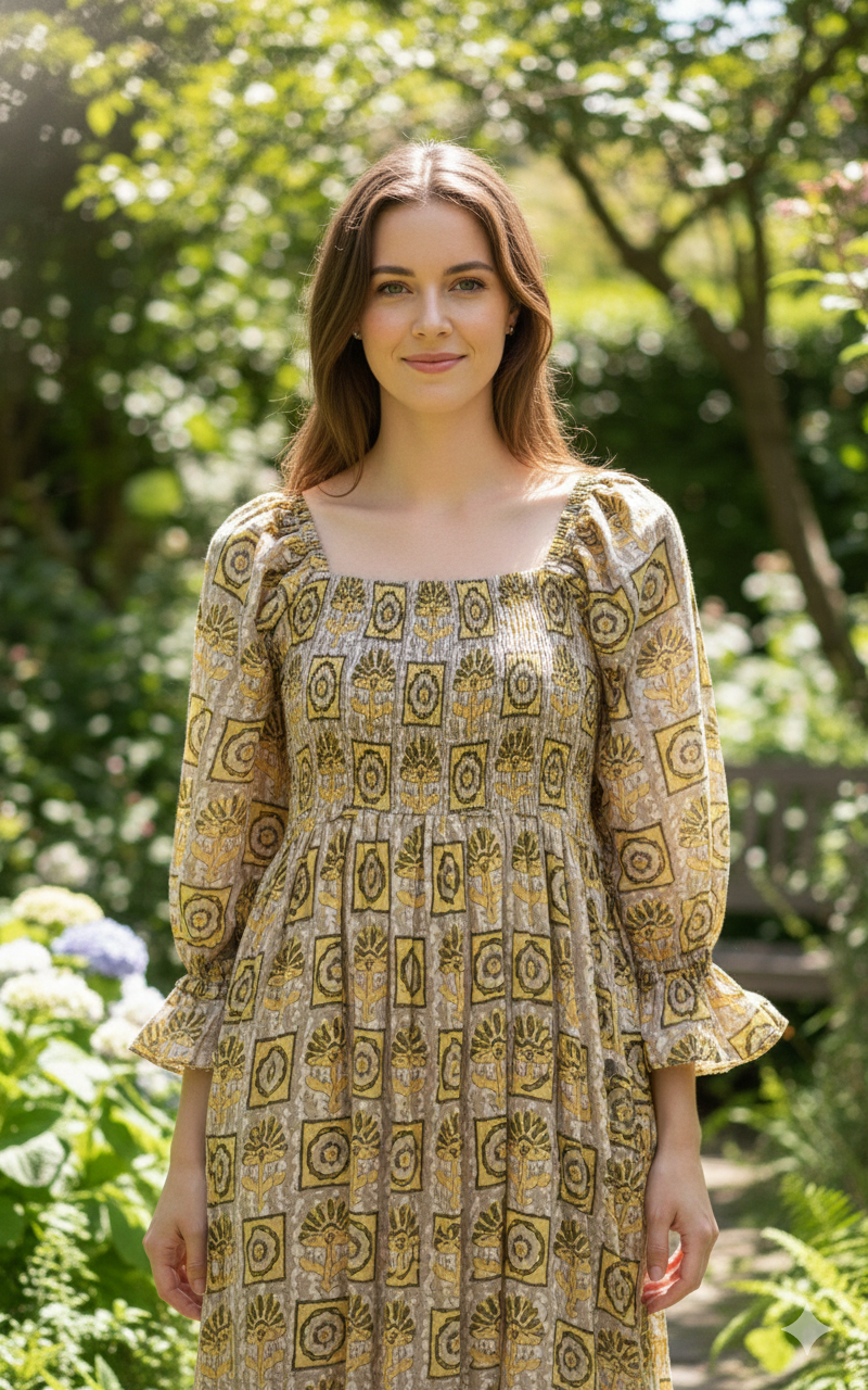 Olive Mustard Hand Block Printed Cotton Midi Dress – Smocked Bodice Puff Sleeve Boho Dress