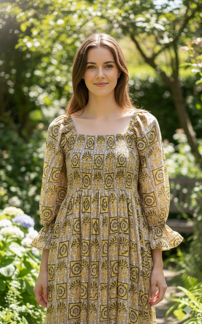 Olive Mustard Hand Block Printed Cotton Midi Dress – Smocked Bodice Puff Sleeve Boho Dress
