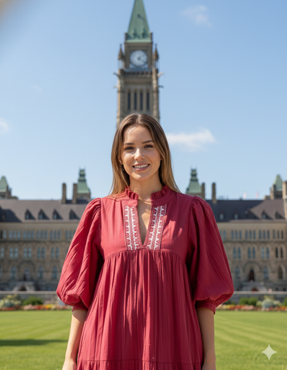 Maroon Cotton Maxi Dress – Puff Sleeve Tiered Boho Long Dress with Block Print Border