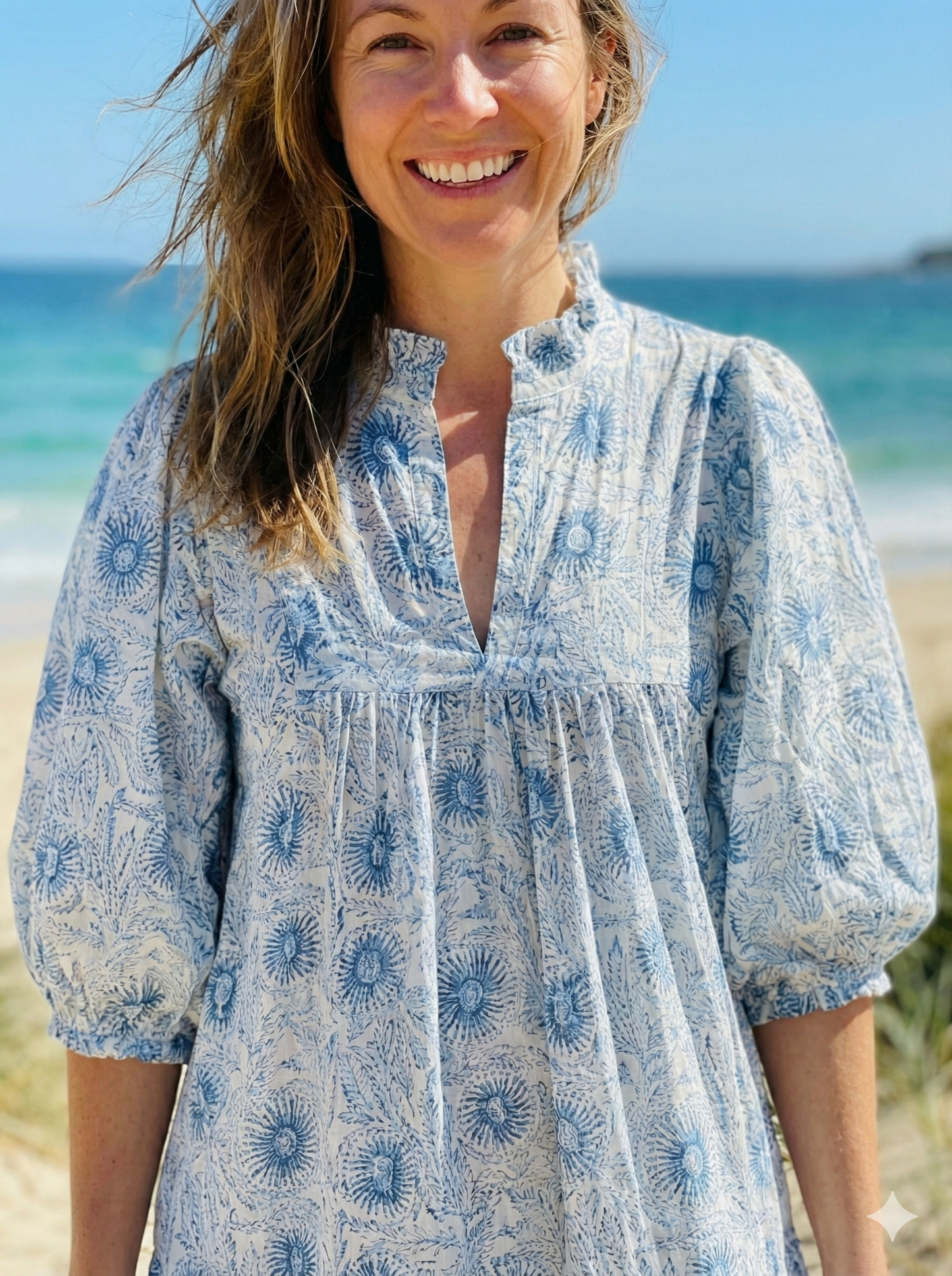 stylish blue-white floral printed women's maxi dress