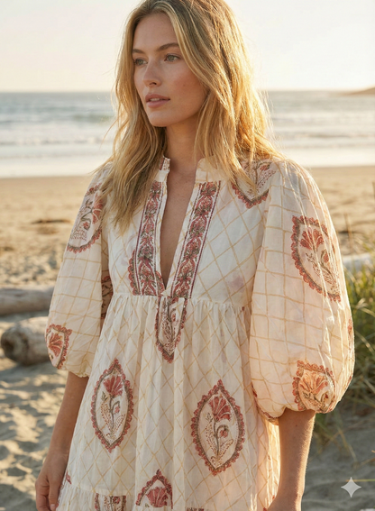 Ivory Red Floral Block Print Cotton Midi Dress – Boho Handmade Tiered Dress with Puff Sleeves & Contrast Yoke