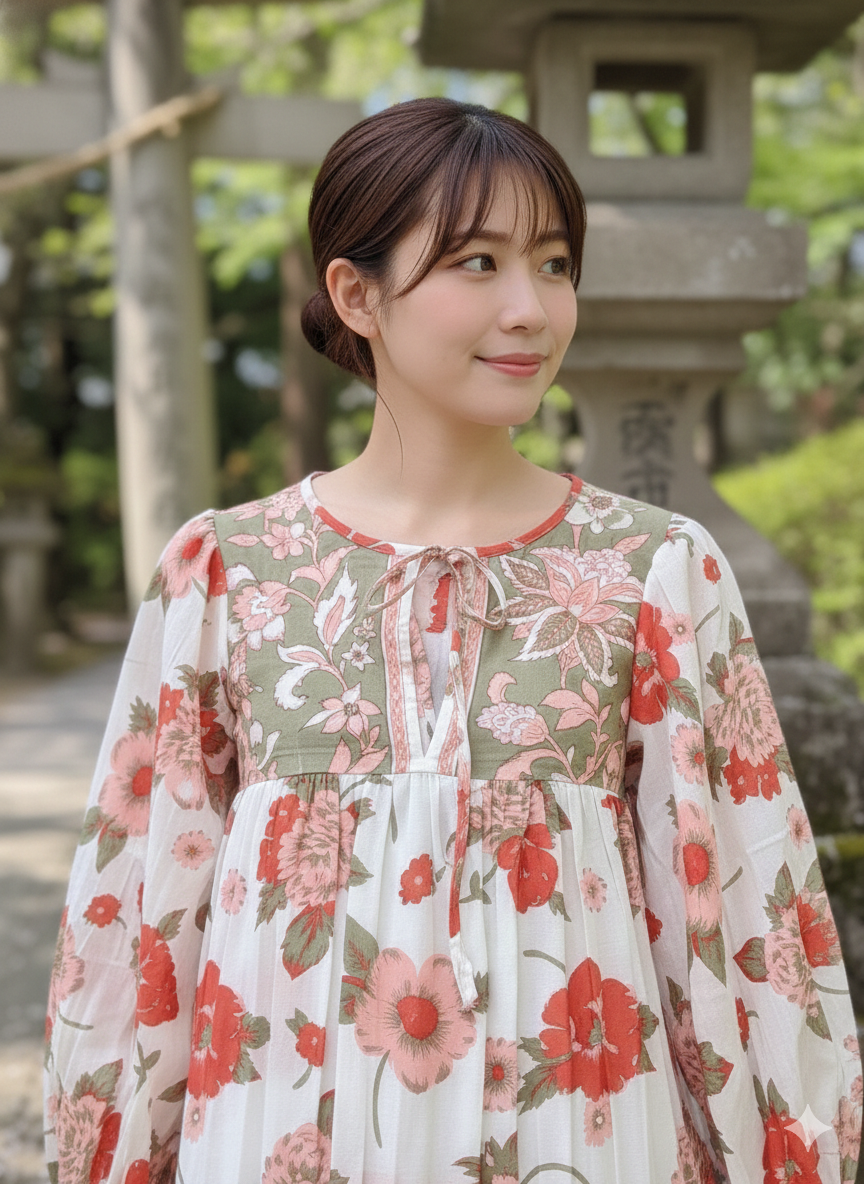 White Red Floral Screen Printed Cotton Mini Dress – Long Sleeve Boho Indian Dress