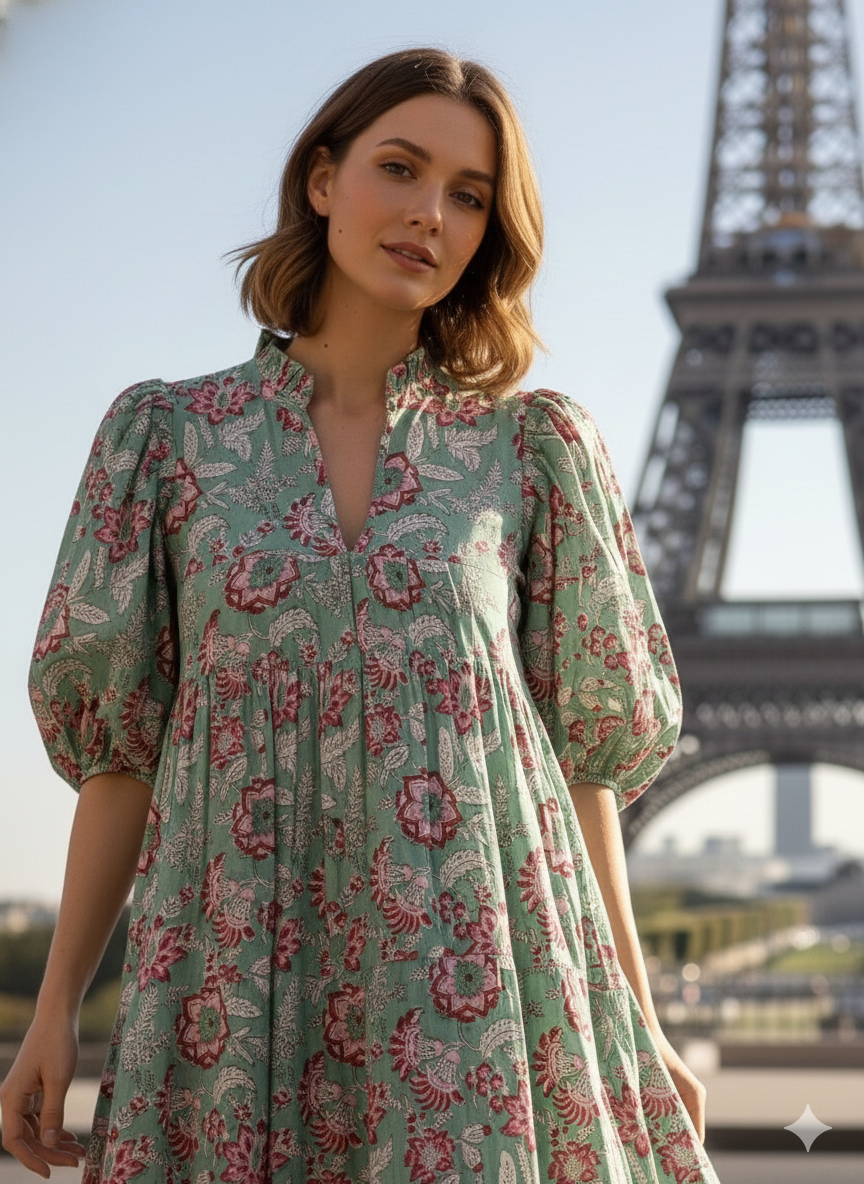 Sage Green Pink Floral Hand Block Printed Cotton Midi Dress – Boho Tiered Long Sleeve Indian Dress