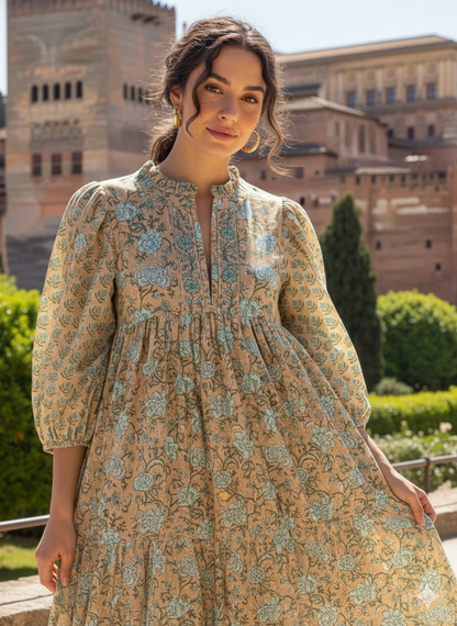 Beige Blue Floral Hand Block Printed Cotton Midi Dress – Puff Sleeve Boho Indian Dress