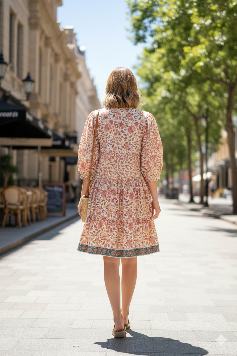 Cream Peach Floral Hand Block Printed Cotton Midi Dress – Puff Sleeve Boho Indian Dress