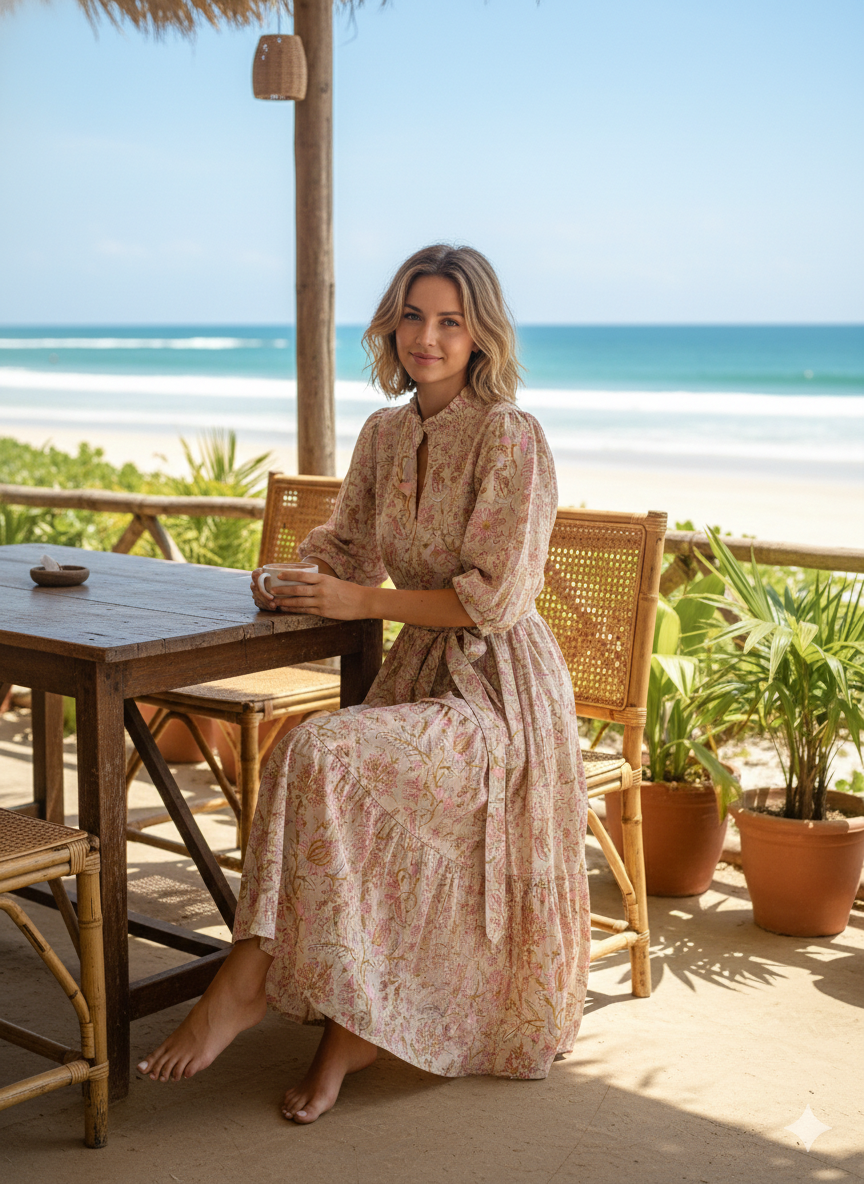 Soft Beige Pink Floral Hand Block Print Cotton Tiered Midi Dress – Bohemian Indian Dress