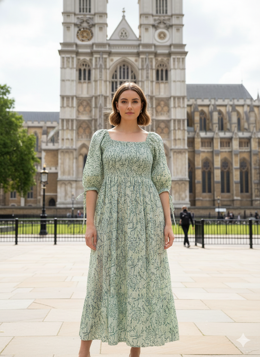 Sage Green Floral Block Print Cotton Midi Dress – Smocked Puff Sleeve Boho Dress