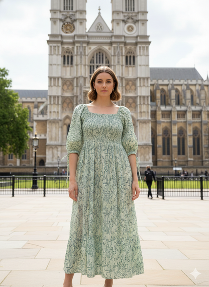 Sage Green Floral Block Print Cotton Midi Dress – Smocked Puff Sleeve Boho Dress