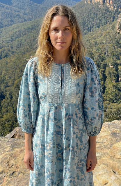 Sky Blue Floral Hand Block Printed Cotton Maxi Dress – Indian Boho Tiered Long Dress