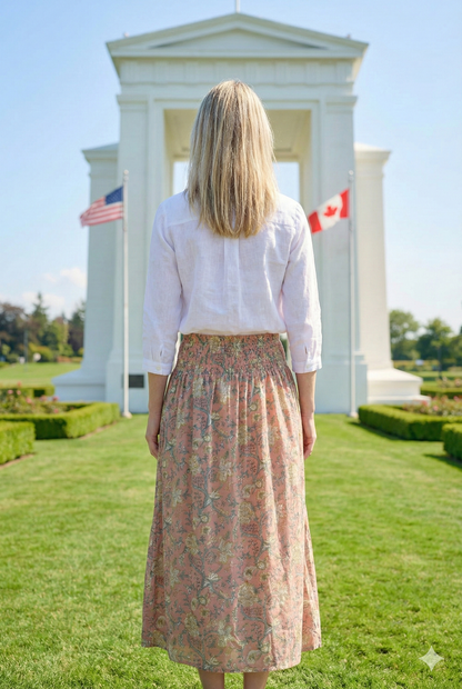 Peach Floral Hand Block Printed Cotton Skirt – Smocked Waist Tiered Boho Maxi Skirt