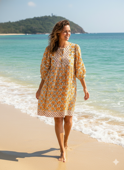 Cream Mustard Floral Hand Block Printed Cotton Midi Dress – Puff Sleeve Boho Indian Dress