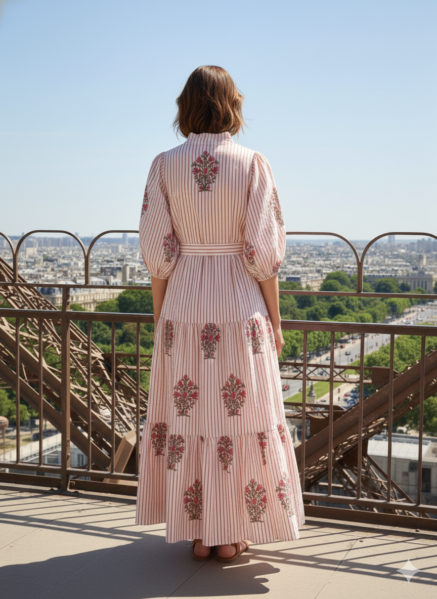 Ivory Red Floral Stripe Block Print Cotton Midi Dress – Boho Handmade Tiered Dress with Puff Sleeves
