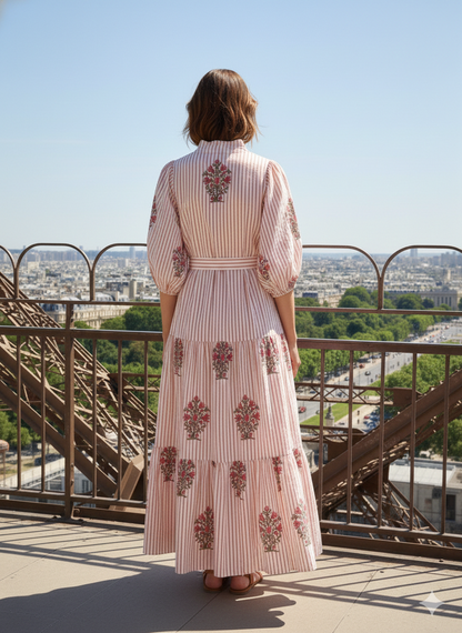 Ivory Red Floral Stripe Block Print Cotton Midi Dress – Boho Handmade Tiered Dress with Puff Sleeves