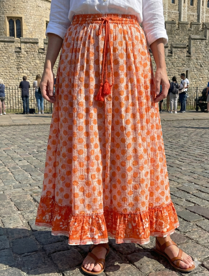 indian cotton orange floral hand block printed women's maxi skirts