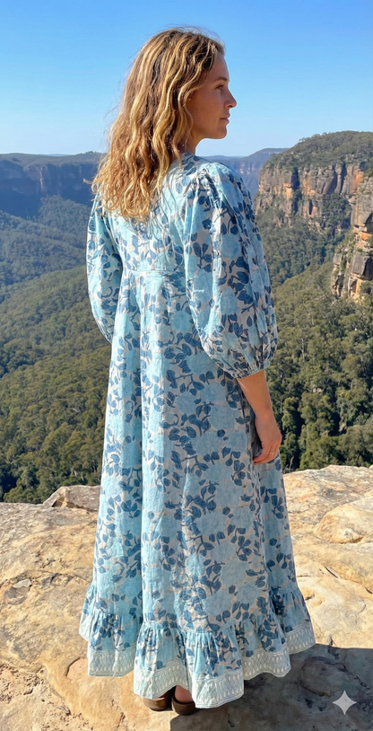 Sky Blue Floral Hand Block Printed Cotton Maxi Dress – Indian Boho Tiered Long Dress