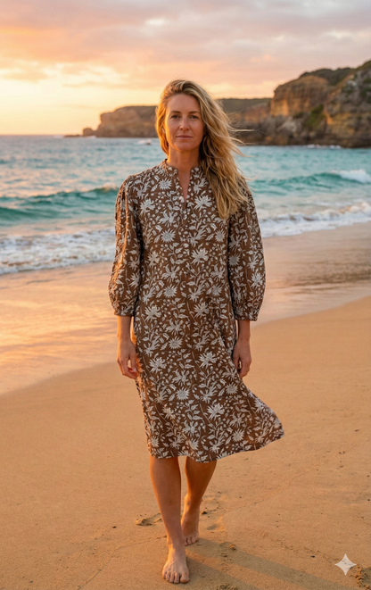 Brown Floral Hand Block Printed Cotton Kurta – Women’s Indian Tunic Dress