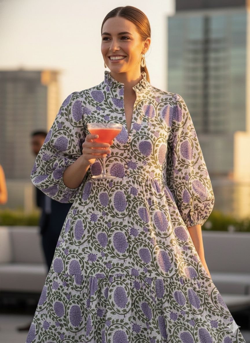 White Lavender Floral Block Print Cotton Midi Dress – Boho Handmade Tiered Dress with Puff Sleeves