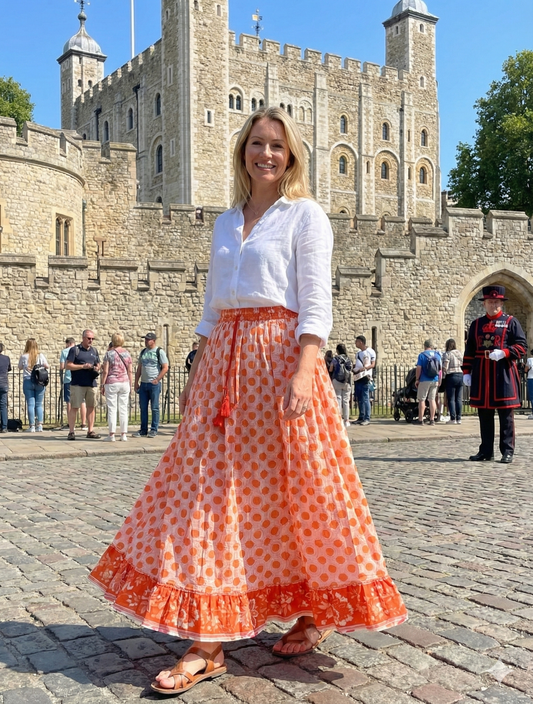 indian cotton orange floral hand block printed women's maxi skirts