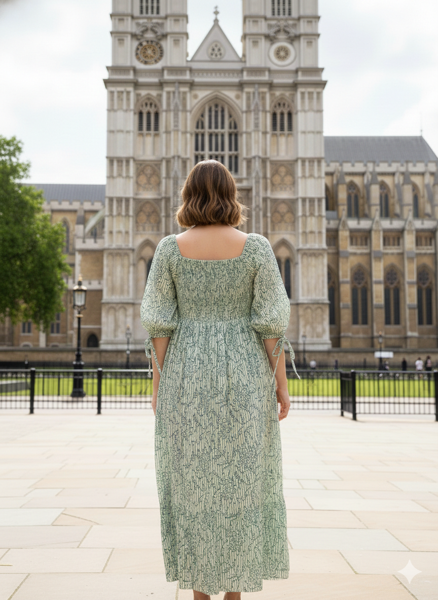 Sage Green Floral Block Print Cotton Midi Dress – Smocked Puff Sleeve Boho Dress
