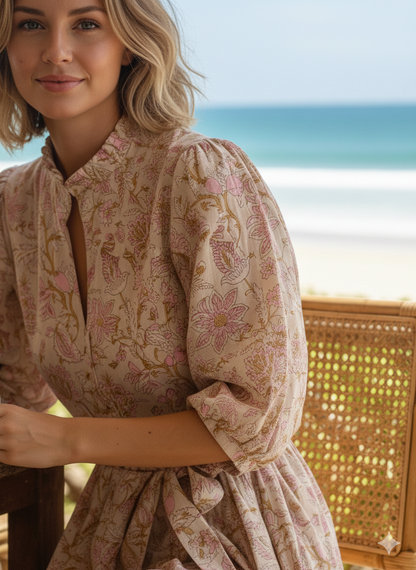 Soft Beige Pink Floral Hand Block Print Cotton Tiered Midi Dress – Bohemian Indian Dress