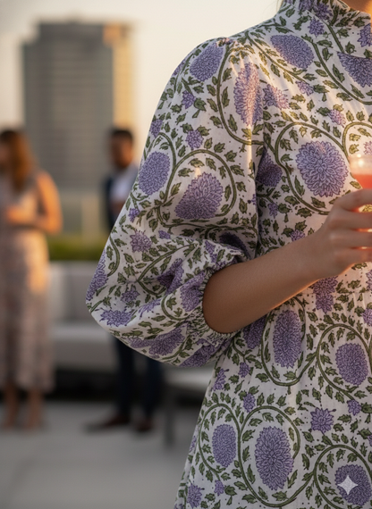 White Lavender Floral Block Print Cotton Midi Dress – Boho Handmade Tiered Dress with Puff Sleeves